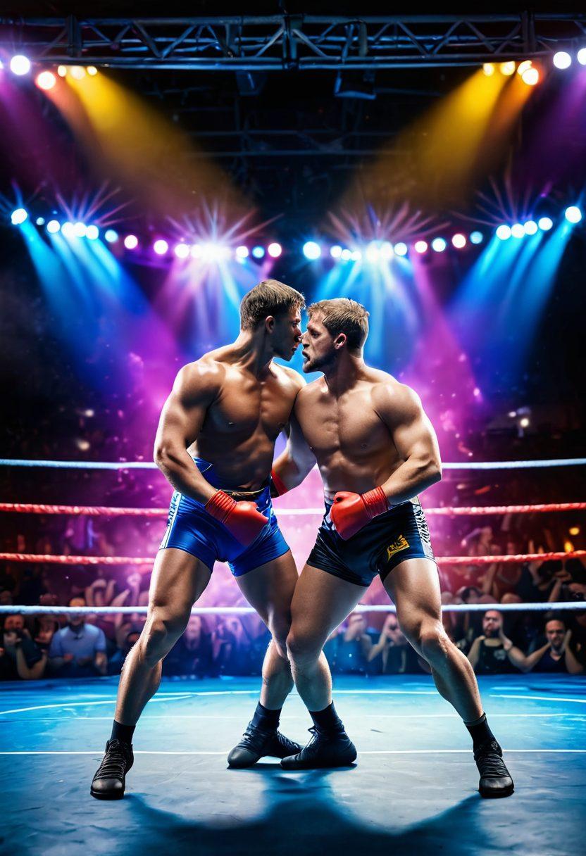 A dramatic wrestling championship scene showcasing two fierce competitors locked in an exhilarating clinch inside a vibrant, packed arena. The atmosphere is electric with fans cheering passionately, waving colorful banners, and holding up signs that display excitement for the match. Highlight their dynamic movements and intense expressions, with a spotlight illuminating the ring, creating a hazy, thrilling effect. The background features blurred details of enthusiastic fans and shimmering lights. super-realistic. vibrant colors.