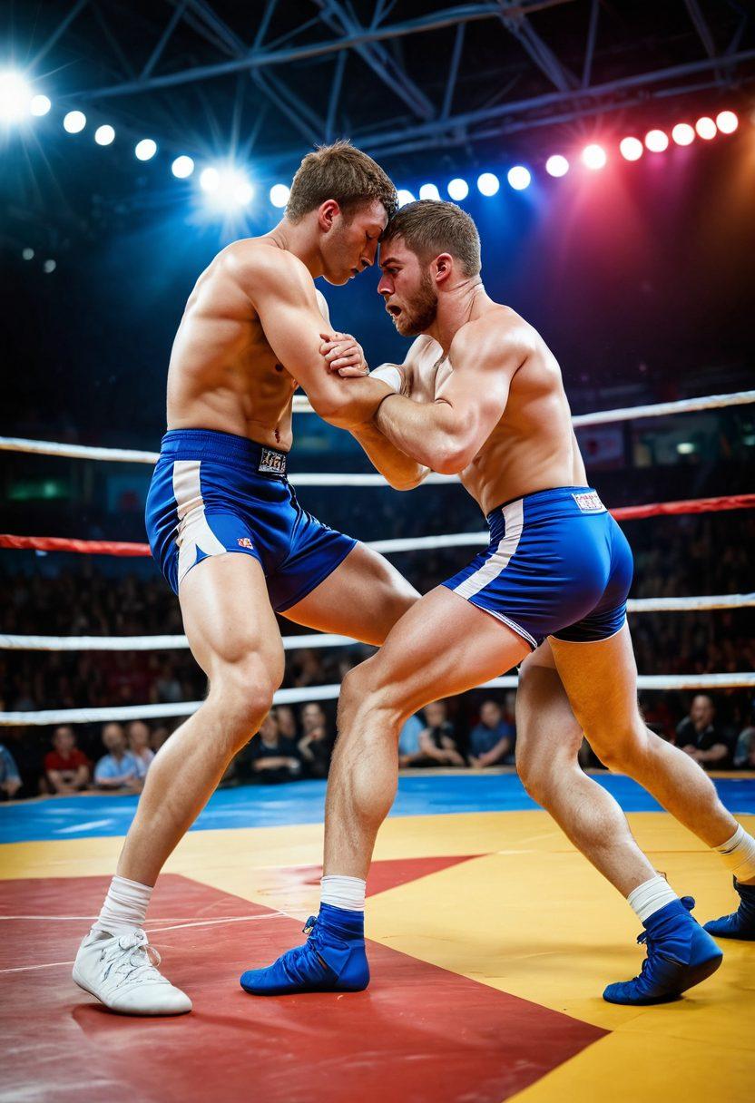 A dynamic wrestling match in the center of a vibrant arena filled with cheering fans, showcasing athletes engaged in intense grappling techniques. The background features colorful banners representing various wrestling clubs and martial arts cultures, with a dramatic spotlight highlighting the competitors. Include close-up expressions of determination and focus on the wrestlers' faces, immersed in the action. Energetic atmosphere with a hint of cultural symbolism. super-realistic. vibrant colors. energetic mood.